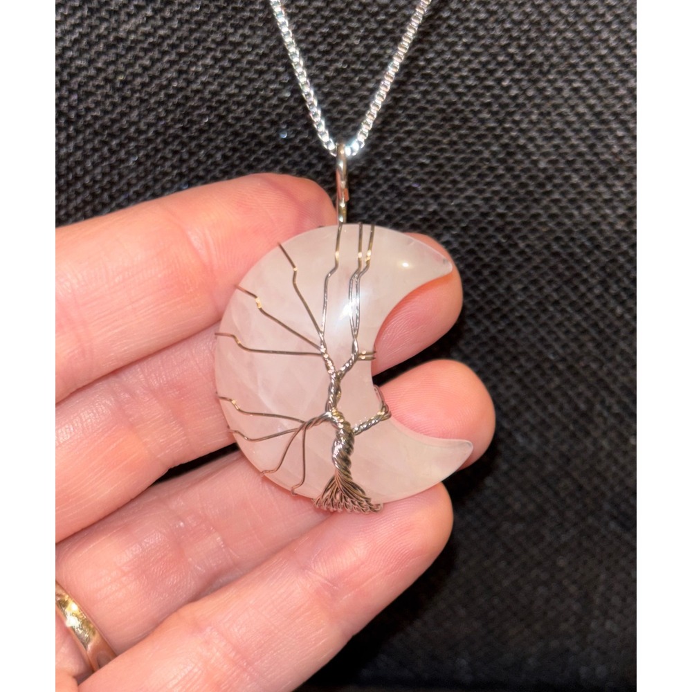 Rose Quartz Tree of Life Crescent Moon Necklace Stainless Steel Chain Pink Boho